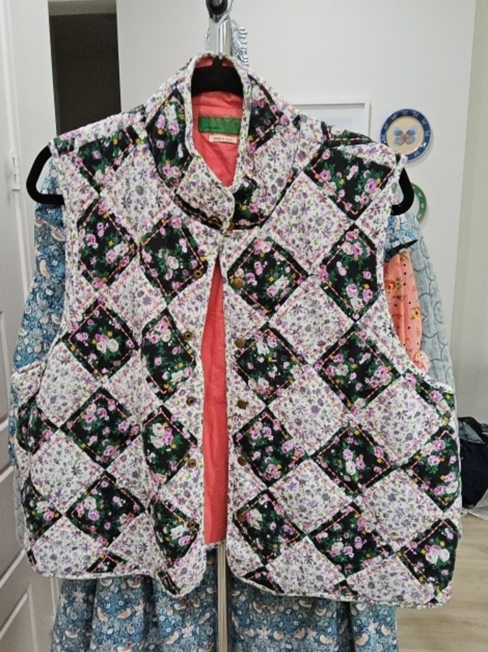 Clare V Quilted Floral Patchwork Vest in Green and Pink
